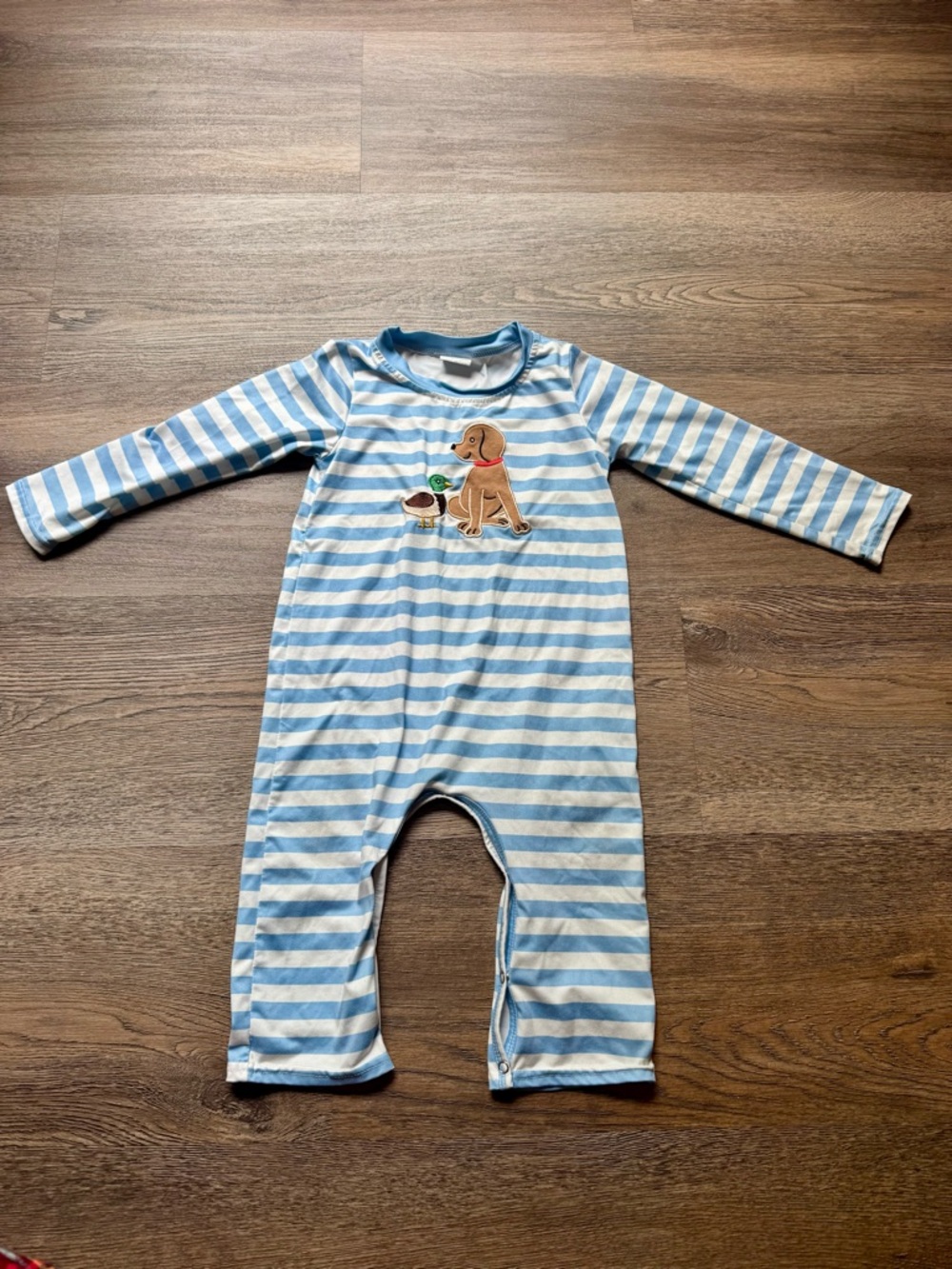 Striped Blue & White Puppy Appliqué One-Piece for Toddler Boys